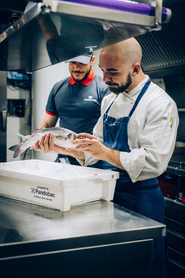 Un chef cuisinier regarde les ouïes d'un poisson frais tout juste livré dans sa cuisine