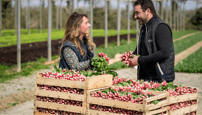 Une commerciale et un producteur de radis qui échangent