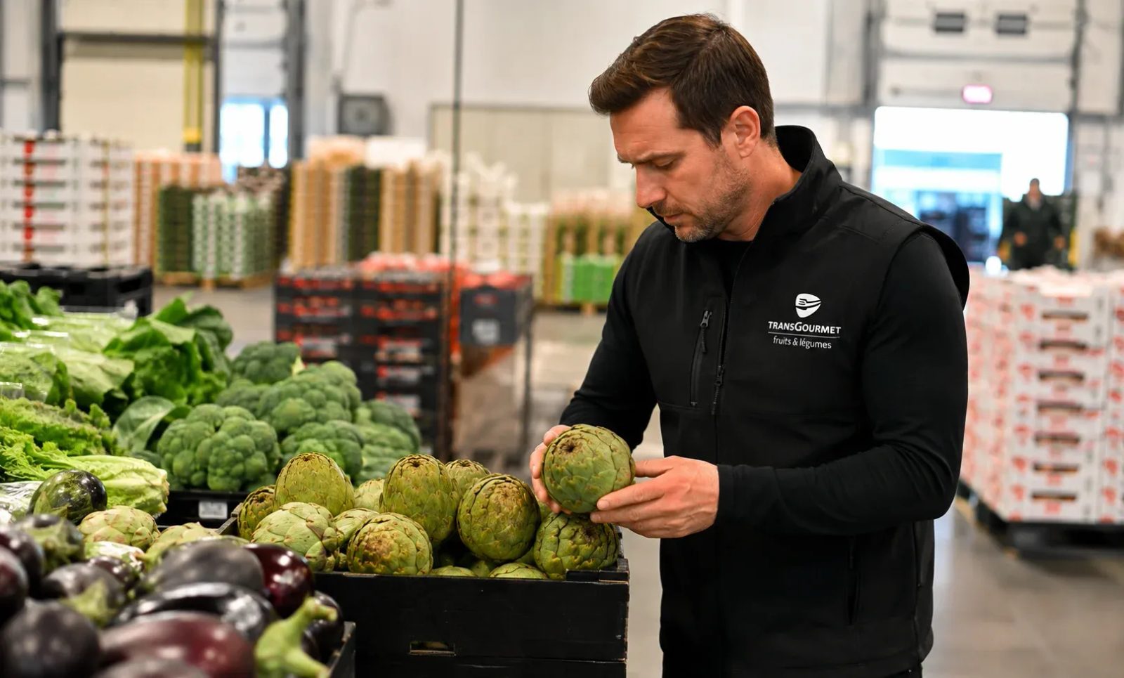 Un collaborateur Transgourmet Fruits et Légumes vérifiant la qualité de légumes dans un entrepôt