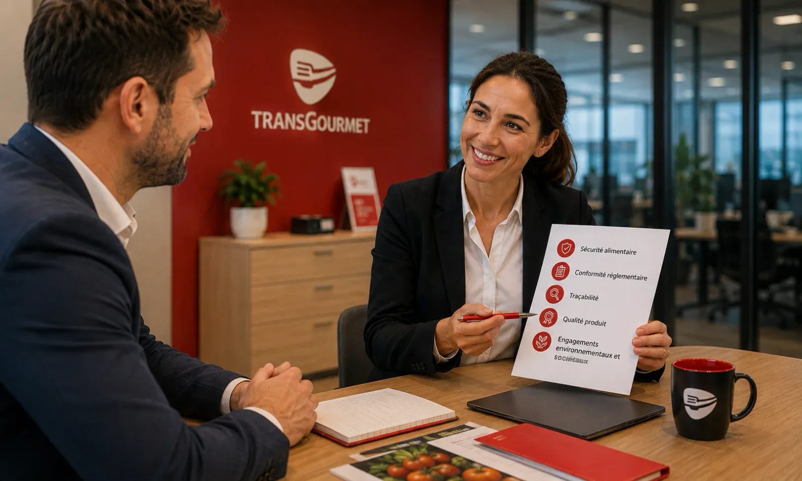 Une collaboratrice et un fournisseur échangent dans un bureau