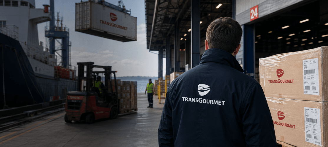 Un collaborateur Transgourmet regarde le chargement de produit Transgourmet dans un bateau