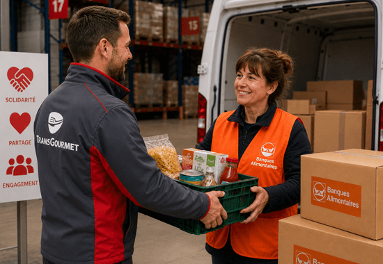 Un collaborateur remet des produits alimentaires à une association