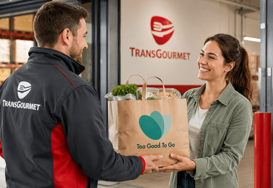 Un collaborateur remet un panier Too good to go à une cliente