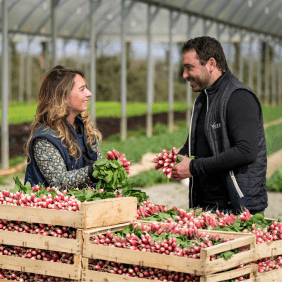 Un commerciale Transgourmet Fruits & Légumes échange avec un producteur de légumes, derrière des cagettes de radis